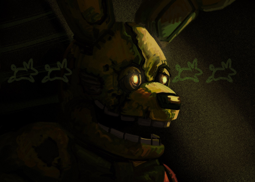 2023 animatronic anthro black_nose bow_tie detailed_background digital_media_(artwork) five_nights_at_freddy's five_nights_at_freddy's_(film) five_nights_at_freddy's_3 green_body hi_res humanoid lagomorph leporid light light_beam machine male mammal open_mouth rabbit robot scottgames shaded shadowed_face shadowy_figure shockpinkrosary side_view solo solo_focus spring_bonnie_(fnaf) springtrap_(fnaf) teeth wallpaper_(decoration) william_afton_(fnaf) yellow_eyes