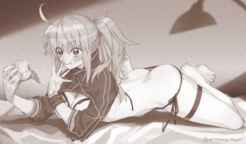 1girl ahoge artoria_pendragon_(fate) ass barefoot bikini blonde_hair blue_eyes blush breasts cleavage cropped_jacket dim_sum eating fate/grand_order fate_(series) greyscale hair_between_eyes highres large_breasts long_hair long_sleeves looking_at_viewer lying mitsurugi_sugar monochrome mysterious_heroine_xx_(fate) on_stomach ponytail shrug_(clothing) sidelocks solo swimsuit thigh_strap wristband