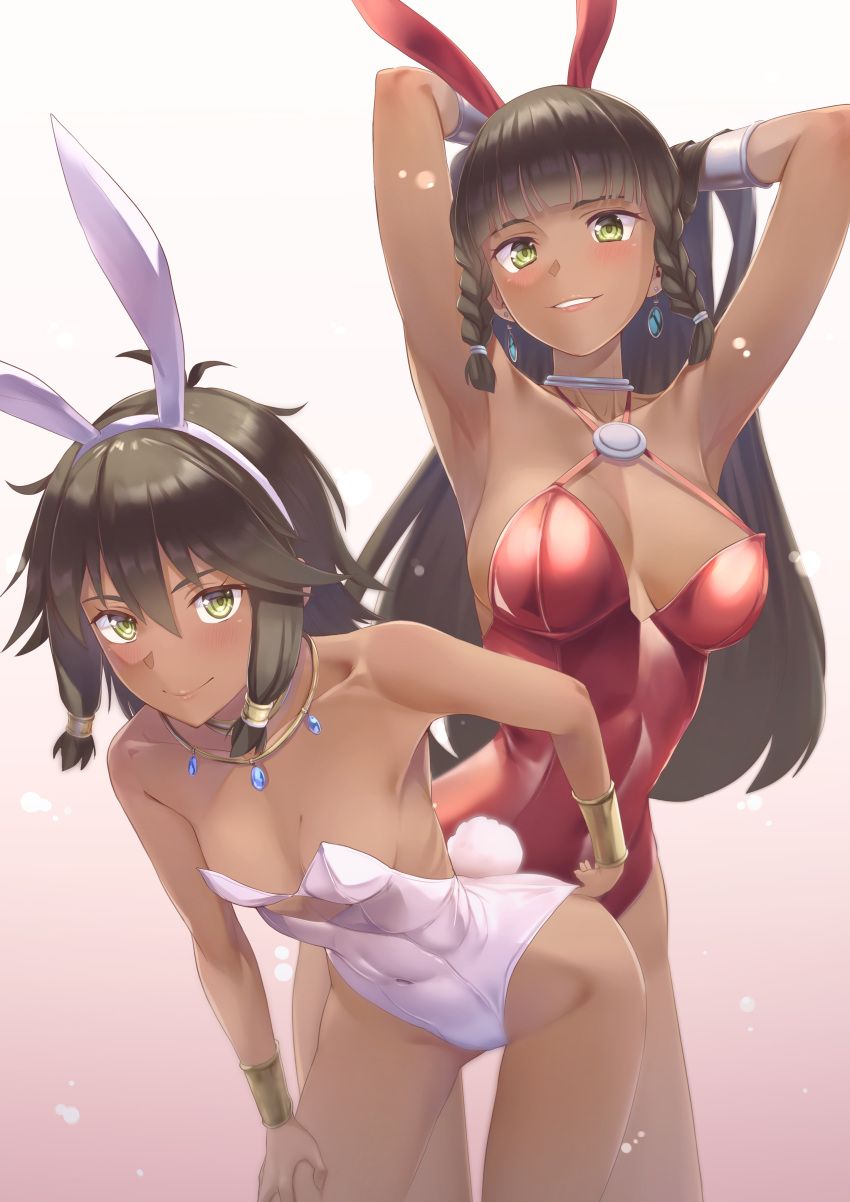 2girls absurdres animal_ears arms_up braid breasts cowboy_shot dark-skinned_female dark_skin dungeon_ni_deai_wo_motomeru_no_wa_machigatteiru_darou_ka highres leotard long_hair looking_at_viewer medium_breasts multiple_girls playboy_bunny rabbit_ears rabbit_tail red_leotard short_hair siblings side_braids sidelocks sisters small_breasts sword_oratoria tail takumi_nosiro tiona_hyryute tione_hyryute white_leotard wrist_cuffs