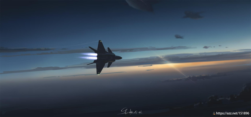 afterburner aircraft airplane canards china chinese_commentary cloud fighter_jet highres horizon j-20 jet lens_flare military military_vehicle no_humans original people's_liberation_army people's_liberation_army_air_force shouhui_lang_qun signature sun vehicle_focus watermark