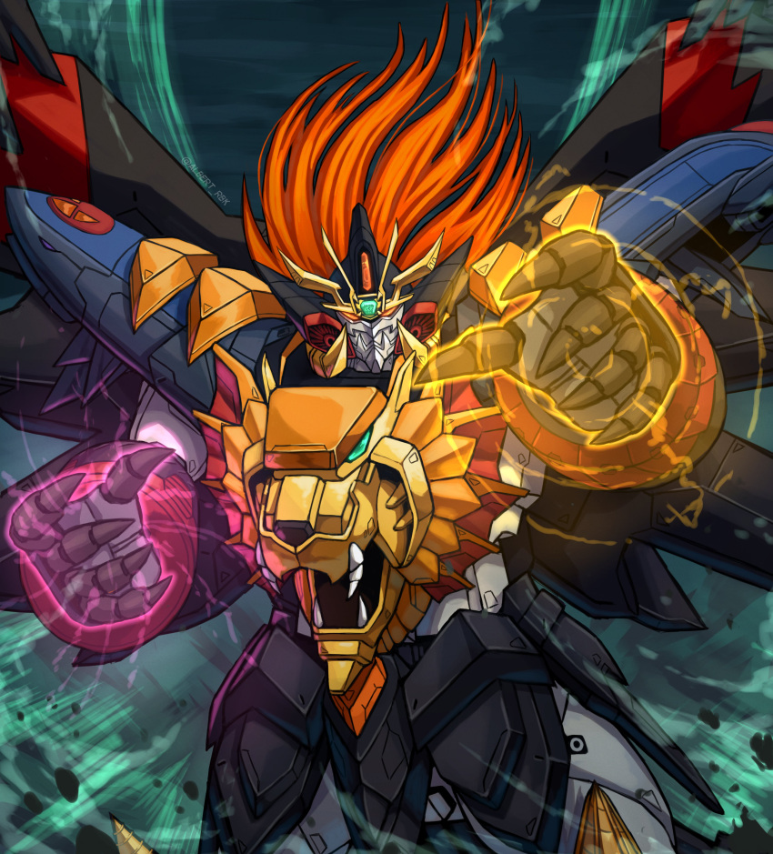 absurdres albert_rbk claws commentary floating_hair floating_rock genesic_gaogaigar hell_and_heaven highres looking_at_viewer mecha mechanical_wings no_humans open_hands orange_eyes orange_hair robot science_fiction solo super_robot twitter_username v-fin wings yuusha_ou_gaogaigar yuusha_ou_gaogaigar_final yuusha_series