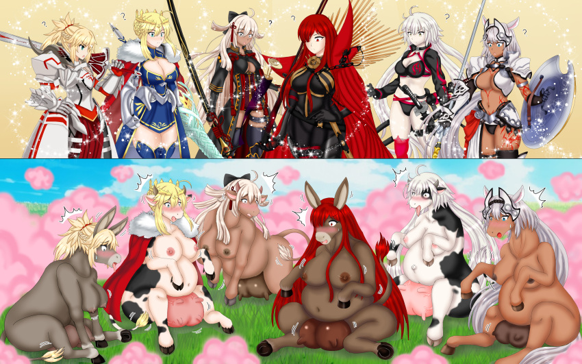2022 absurd_res animal_humanoid anthro armor artoria_pendragon asinus before_and_after blonde_hair bovid bovine braided_hair breast_expansion breasts caenis_(fate) cape cape_only cattle clothing day digital_media_(artwork) donkey equid equid_humanoid equine equine_humanoid esotericer expansion fate_(series) female grass group growth hair hi_res holding_object holding_shield holding_sword holding_weapon hooves horn horn_growth horse human human_to_anthro humanoid humanoid_to_anthro jeanne_d'arc_(fate) magic mammal mammal_humanoid melee_weapon mordred_(fate) mostly_nude navel nipples nude oda_nobunaga outside overweight overweight_anthro pauldron plant red_hair shield shocked simple_background species_transformation sword tail_growth teats transformation type-moon udder_growth udders unconvincing_armor weapon weight_gain white_hair