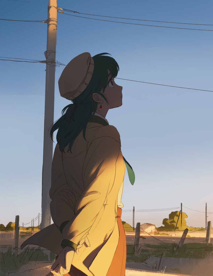 1girl arms_behind_back beret blue_sky brown_headwear brown_pants clear_sky earrings fence green_hair hat hatsuseno_alpha high-waist_pants highres holding_own_arm house jacket jewelry looking_up medium_hair midoriimo_(9ne8n) outdoors pants shirt shirt_tucked_in sky tree utility_pole white_shirt wire yokohama_kaidashi_kikou