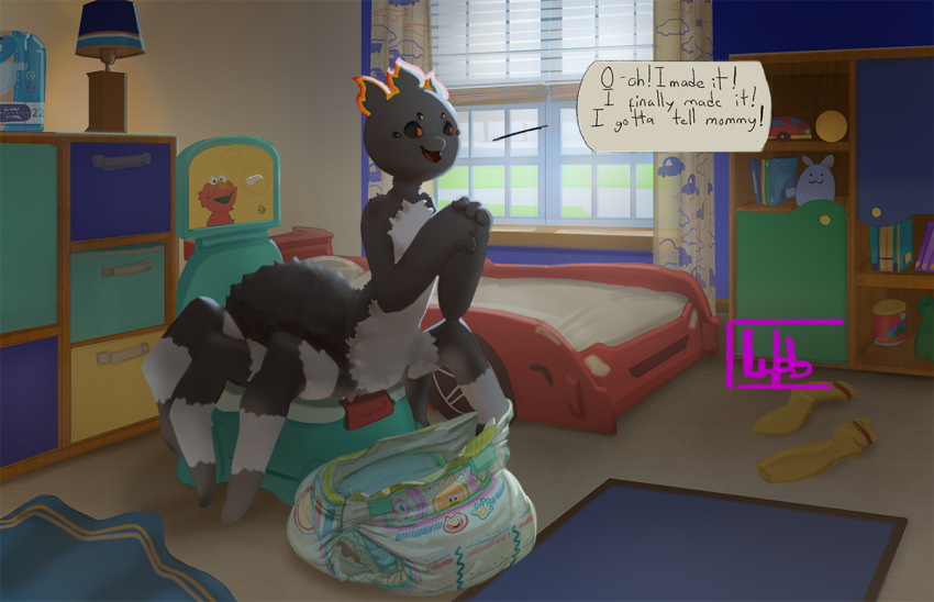 ambiguous_gender anthro arachnid arthropod clean_diaper detailed_background diaper digital_media_(artwork) elmo english_text fur hair open_mouth potty potty_training smile solo spider text toilet wob