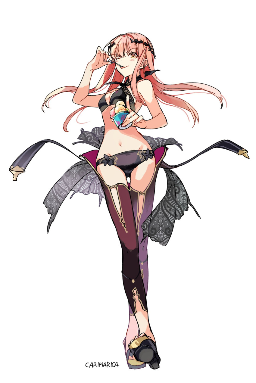 1girl artist_name bikini black_bikini carimarica cnoc_na_riabh_(fate) cnoc_na_riabh_(swimsuit_foreigner)_(fate) eating fate/grand_order fate_(series) food full_body highres ice_cream long_hair medb_(fate) navel pink_hair sandals spoon swimsuit white_background yellow_eyes