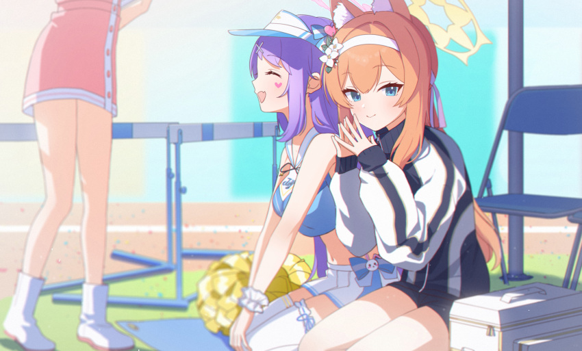 3girls animal_ear_fluff animal_ears ankle_boots black_ribbon blue_archive blue_eyes boots chair cheerleader closed_eyes crop_top cross_hair_ornament dress fang flower gym_shorts gym_uniform hair_flower hair_ornament hair_ribbon hairband halo hanae_(blue_archive) hands_up hat headband heart highres hurdle jacket kaerunrun long_hair long_sleeves looking_at_viewer mari_(blue_archive) mari_(gym_uniform)_(blue_archive) miniskirt multicolored_clothes multicolored_jacket multiple_girls navel neck_ribbon nurse official_alternate_costume orange_hair pink_dress pleated_skirt pom_pom_(cheerleading) ponytail purple_hair ribbon sailor_collar seiza serina_(blue_archive) shorts sitting skin_fang skirt sleeves_past_wrists smile standing sticker_on_face thighhighs track_jacket two-tone_jacket two-tone_skirt white_bag white_flower white_footwear white_hairband white_headband white_skirt white_thighhighs wrist_cuffs