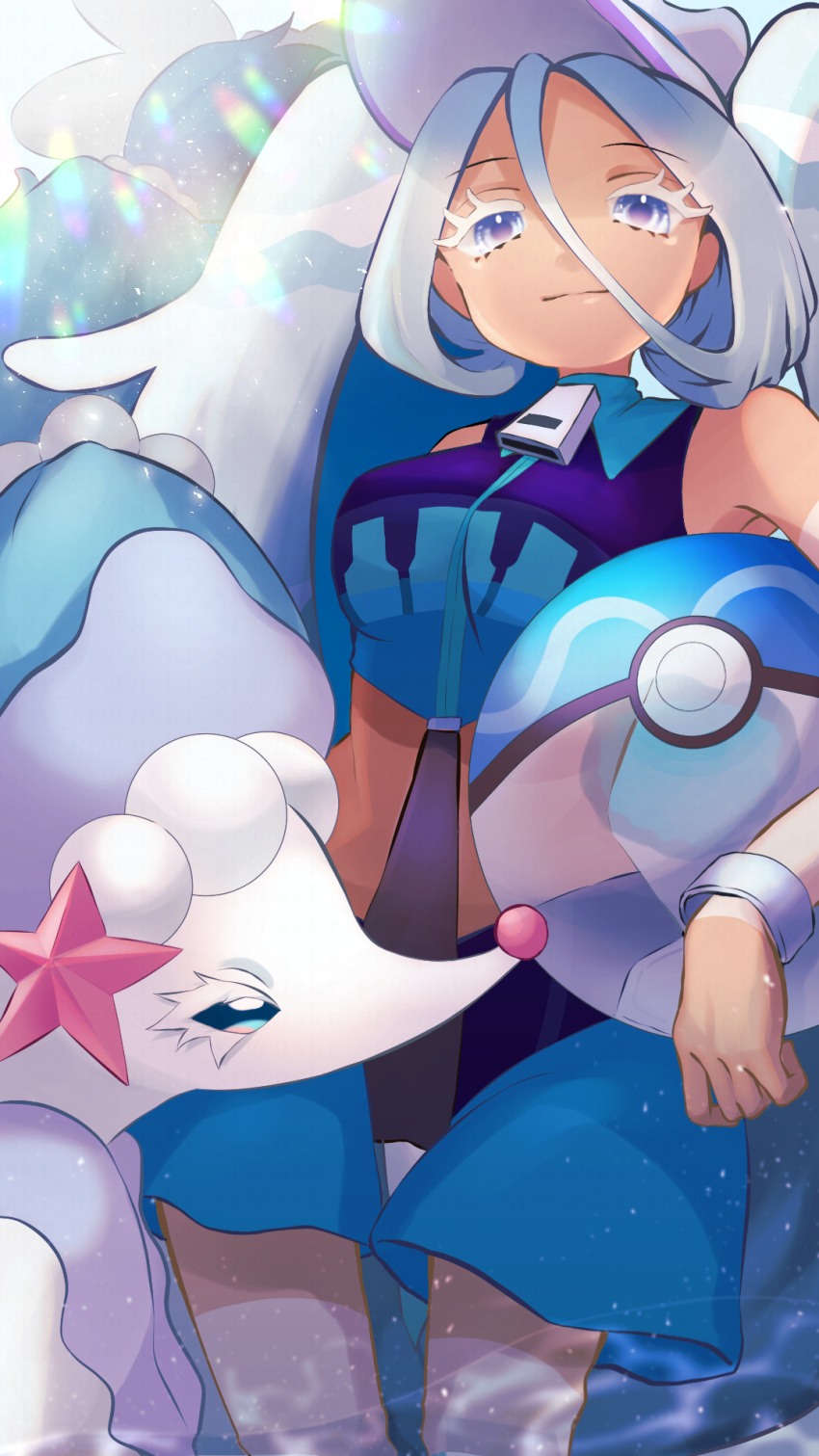 1girl asakura_sara ball beachball blue_shorts bracelet breasts closed_mouth colored_eyelashes commentary_request crossover hair_between_eyes hatsune_miku highres holding jewelry pokemon pokemon_(creature) primarina project_voltage shorts twintails visor_cap vocaloid water_miku_(project_voltage) white_hair zipper zipper_pull_tab