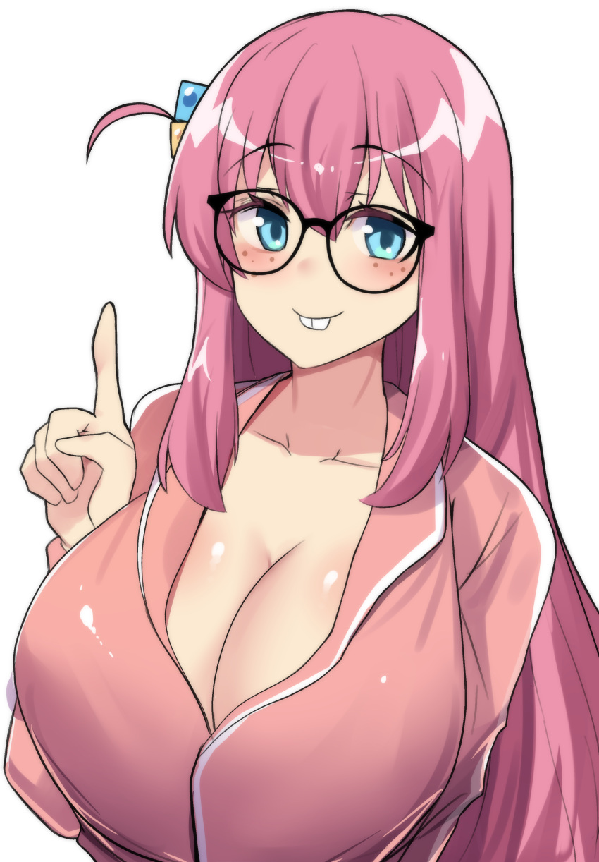 1girl absurdres aqua_eyes bespectacled bocchi_the_rock! breasts buck_teeth cleavage collarbone commentary cube_hair_ornament english_commentary freckles glasses gotou_hitori hair_between_eyes hair_ornament highres hinghoi index_finger_raised large_breasts long_hair long_sleeves looking_at_viewer nerd_emoji one_side_up pajamas pink_hair pink_pajamas sidelocks simple_background smile solo teeth white_background