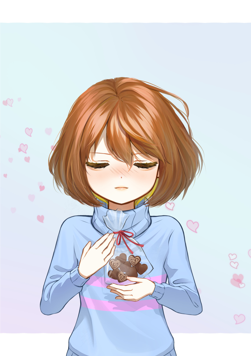 1other absurdres androgynous bag blonde_hair blue_background blue_sweater blush bob_cut border brown_hair closed_eyes closed_mouth colored_inner_hair commentary cookie double_horizontal_stripe food frisk_(undertale) gradient_background hair_between_eyes heart heart-shaped_cookie highres holding holding_bag holding_cookie holding_food letterboxed lips loose_hair_strand multicolored_hair nose_blush outside_border pink_background pink_sweater plastic_bag shio_toukou short_hair standing sweater turtleneck turtleneck_sweater two-tone_hair two-tone_sweater undertale white_border white_day wind