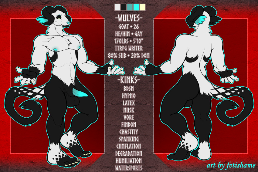 anthro black_body black_fur blue_nose bovid caprine curled_horn diamond_(marking) feet fetishame fur goat hi_res horn humanoid_feet leg_markings long_tail male mammal markings model_sheet plantigrade slim socks_(marking) solo tail white_body wulves