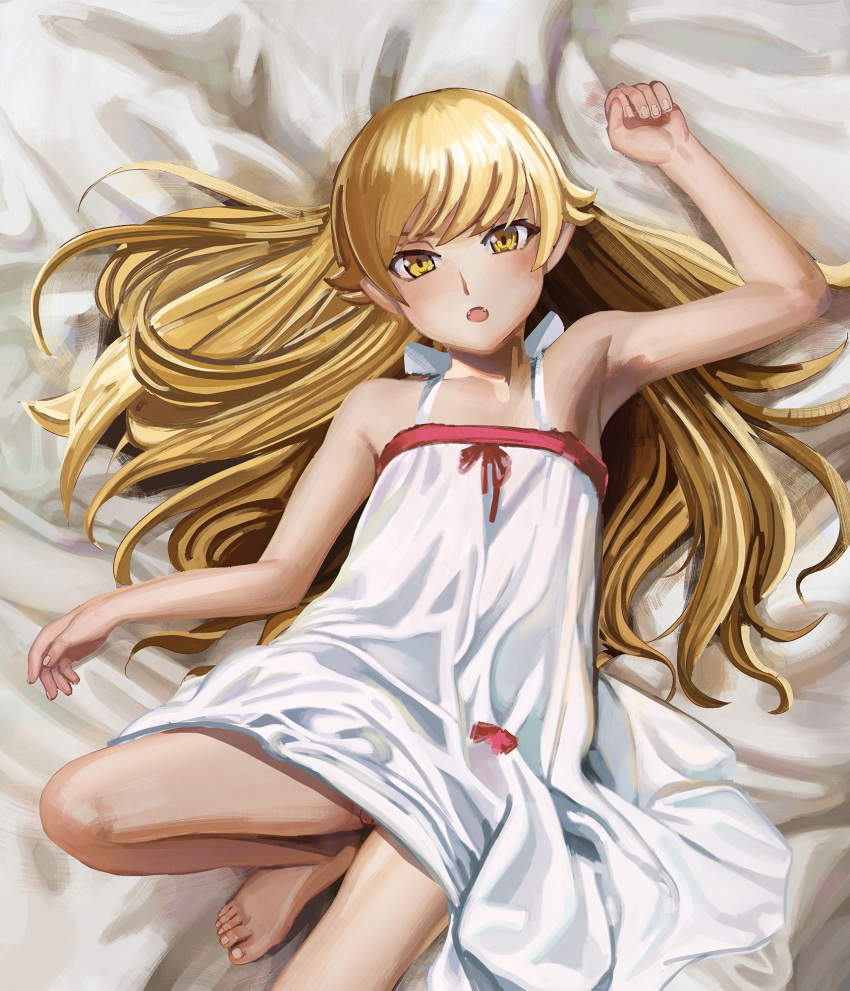 1girl :o aruman bakemonogatari bandaid bandaid_on_pussy bare_shoulders barefoot bed_sheet blonde_hair clenched_hand commentary dress fangs feet foot_out_of_frame from_above highres knee_up long_hair looking_at_viewer monogatari_(series) on_bed oshino_shinobu paid_reward_available painterly petite pointy_ears solo toenails toes vampire variant_set very_long_hair white_dress yellow_eyes