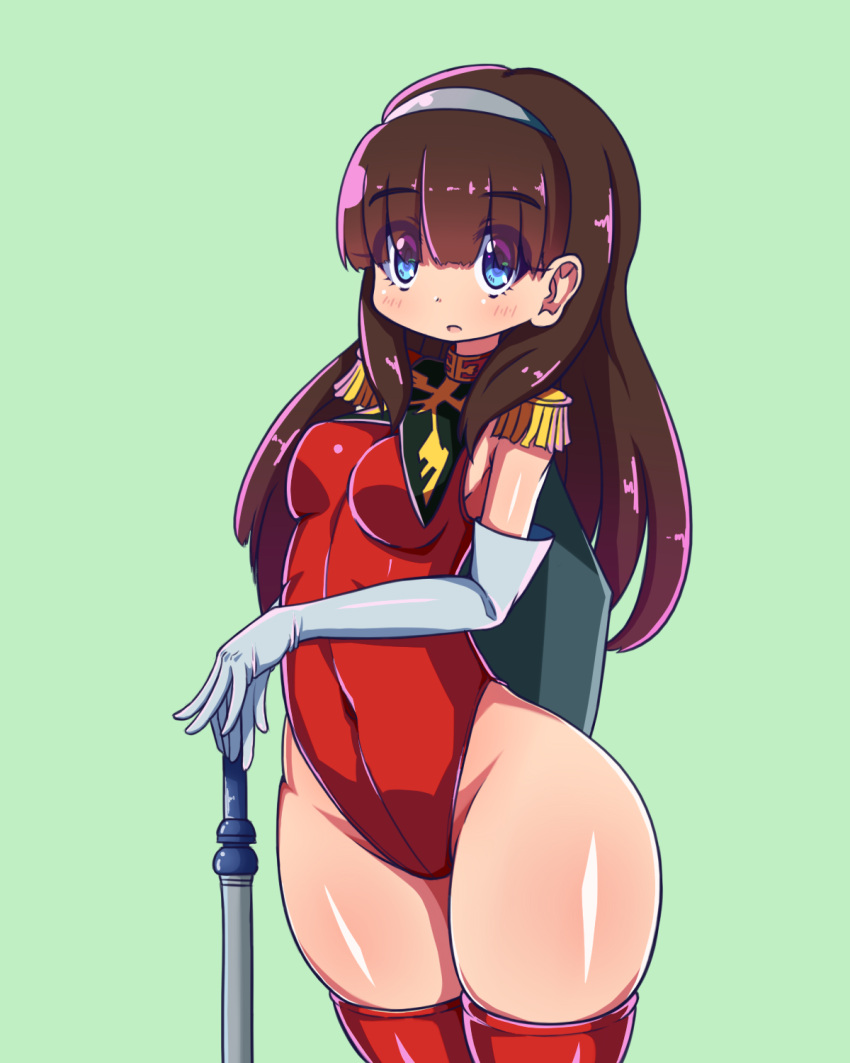 1girl blue_eyes breasts brown_hair catharine_blitzen covered_navel cowboy_shot elbow_gloves epaulettes eyes_visible_through_hair gloves green_background gundam highleg highleg_leotard highres impossible_clothes impossible_leotard leotard long_hair looking_at_viewer medium_breasts nanarokushiki red_leotard red_thighhighs thighhighs white_gloves wide_hips