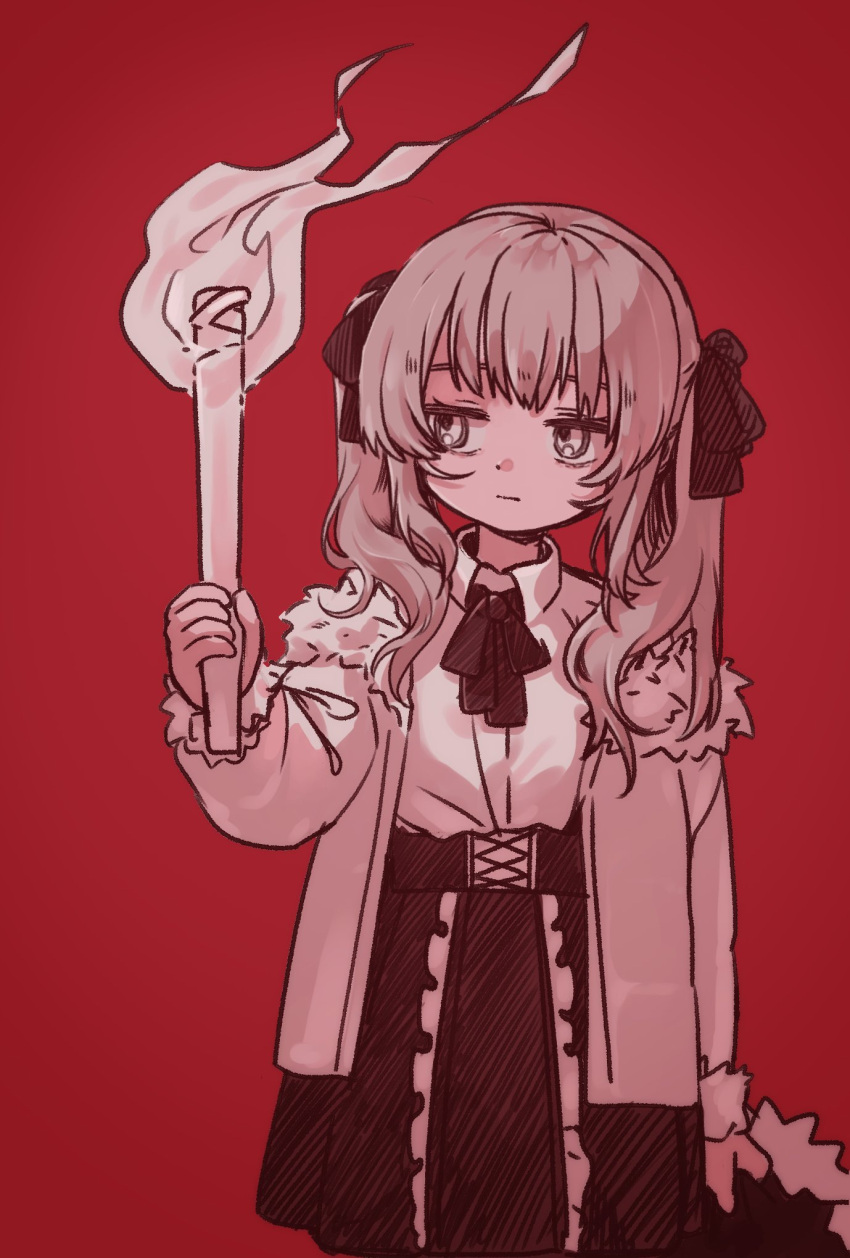 1girl adipocere_(vocaloid) closed_mouth commentary_request cowboy_shot dragging dress_shirt expressionless fire flame frilled_skirt frills fur-trimmed_jacket fur_trim hair_ribbon half-closed_eyes hand_up high-waist_skirt highres holding holding_clothes holding_torch jacket limited_palette long_hair long_sleeves looking_away looking_to_the_side neck_ribbon open_clothes open_jacket pleated_skirt red_background ribbon sebin shirt shirt_tucked_in simple_background skirt torch twintails