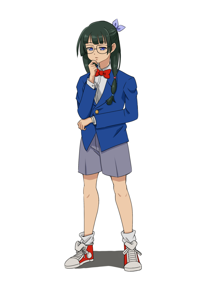 1girl absurdres bad_link black_hair blazer blue_eyes bow bowtie contemporary cosplay drawfag edogawa_conan edogawa_conan_(cosplay) freckles full_body glasses grey_shorts hand_on_own_chin highres jacket kusuriya_no_hitorigoto long_hair long_sleeves maomao_(kusuriya_no_hitorigoto) red_bow red_bowtie shoes shorts simple_background sneakers solo standing thinking white_background