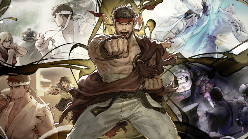 2girls 6+boys absurdres bandages beard belt black_belt black_hair chun-li clenched_hand clenched_hands facial_hair fighting_stance gloves gouken guile headband highres kasugano_sakura ken_masters m_bison male_focus midriff_sarashi multiple_boys multiple_girls nipples official_art open_mouth pants red_headband sagat sarashi short_hair street_fighter street_fighter_6 street_fighter_ii_(series) street_fighter_iv_(series) uppercut white_headband white_pants