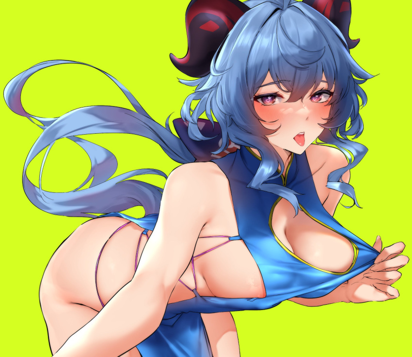 1girl bare_shoulders bent_over blue_dress blue_hair blush breasts china_dress chinese_clothes cleavage cleavage_cutout clothing_cutout dress floating_hair ganyu_(genshin_impact) genshin_impact goat_horns green_background heart heart-shaped_pupils hechi_(hechi322) highres horns long_hair looking_at_viewer pelvic_curtain purple_eyes revealing_clothes simple_background solo symbol-shaped_pupils tongue tongue_out very_long_hair