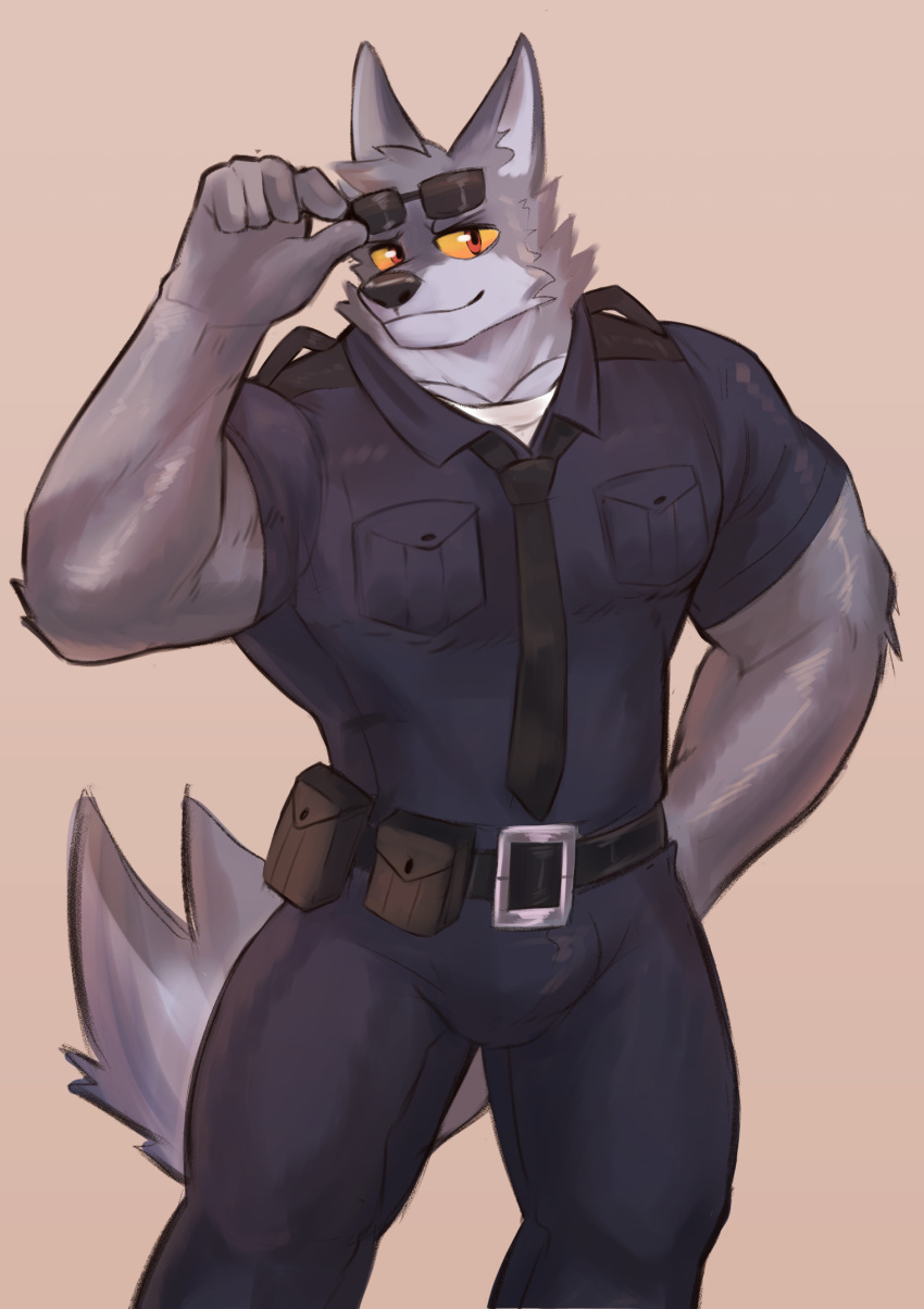 anthro bulge canid canine canis clothing eyewear fur glasses grey_body grey_fur hi_res male mammal masbrowndog muscular muscular_anthro muscular_male police_uniform red_eyes simple_background solo tight_clothing uniform wolf