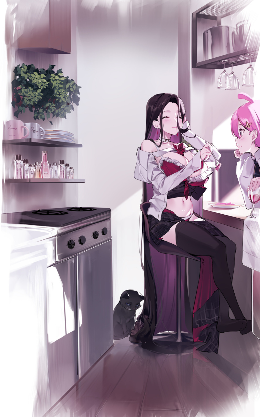2girls :t ahoge black_thighhighs blush bra brown_hair cat closed_eyes closed_mouth colored_inner_hair cup drinking_glass eating fork hand_on_own_cheek hand_on_own_face highres holding holding_cup holding_fork hug indoors kitchen long_hair long_sleeves multicolored_hair multiple_girls navel no_shoes off_shoulder original oven pink_hair red_bra sailor_collar sitting thighhighs underwear very_long_hair white_hair white_sailor_collar yaguo