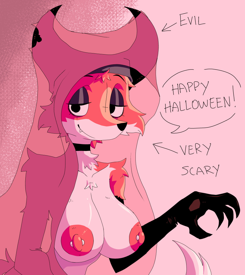 absurd_res anthro big_breasts breasts canid canine choker clothing disney english_text female fox fur half-closed_eyes halloween hi_res holidays jewelry looking_at_viewer maid_marian mammal narrowed_eyes necklace nipple_piercing nipples piercing ponporio_(artist) red_fox robin_hood_(disney) smile solo text