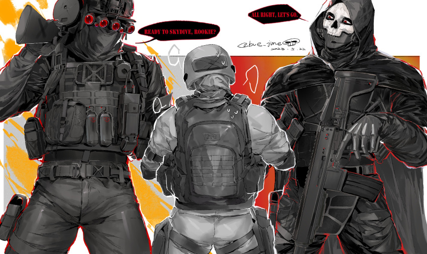 3boys absurdres belt black_belt black_cape black_gloves black_jacket black_pants bue_june bulletproof_vest call_of_duty call_of_duty:_modern_warfare_2 cape ghost_(modern_warfare_2) gloves grey_jacket grey_pants gun helmet highres holding holding_gun holding_weapon hood hood_up hooded_cape jacket konig_(call_of_duty) male_focus mask multiple_boys night_vision night_vision_device pants skull_mask twitter_username weapon