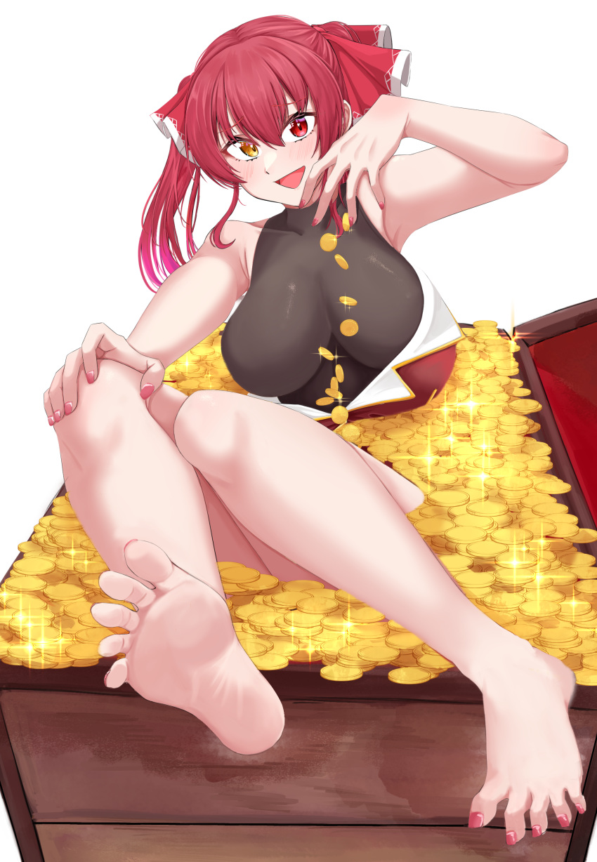 1girl :d absurdres arm_up armpit_crease armpits bare_legs bare_shoulders barefoot box breasts coin covered_collarbone cropped_jacket feet foot_focus gold_coin gradient_hair hair_between_eyes hair_ribbon hand_on_own_knee heterochromia highres hololive houshou_marine houshou_marine_(1st_costume) impossible_clothes impossible_leotard in_box in_container jacket knees_up large_breasts legs leotard leotard_under_clothes looking_at_viewer mmneko multicolored_hair nail_polish partially_undressed pink_nails purple_hair red_eyes red_hair red_jacket red_ribbon ribbon sidelocks simple_background sitting sleeveless sleeveless_jacket smile soles solo spread_toes toenail_polish toenails toes treasure_chest twintails virtual_youtuber white_background yellow_eyes