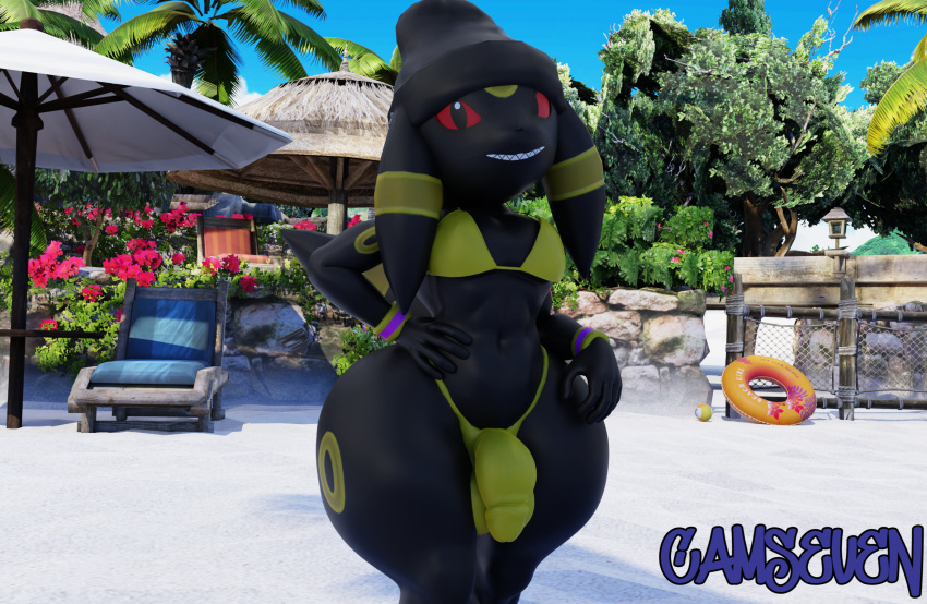 2023 3d_(artwork) anthro beach big_butt bikini black_body black_clothing black_eyes black_fur black_hat black_headwear black_nose bulge butt camseven canid canine chair clothed clothing crossdressing digital_media_(artwork) eeveelution flaccid floppy_ears fur furniture generation_2_pokemon genital_outline genitals girly grin hand_on_hip hat headgear headwear hi_res huge_butt huge_thighs ineffective_clothing lounge_chair male mammal markings nintendo outside parasol penis penis_outline pokemon pokemon_(species) red_sclera sand seaside sharp_teeth skimpy smile solo standing swimwear teeth thick_thighs umbreon wide_hips yellow_bikini yellow_bikini_bottom yellow_bikini_top yellow_body yellow_clothing yellow_fur yellow_markings yellow_swimwear