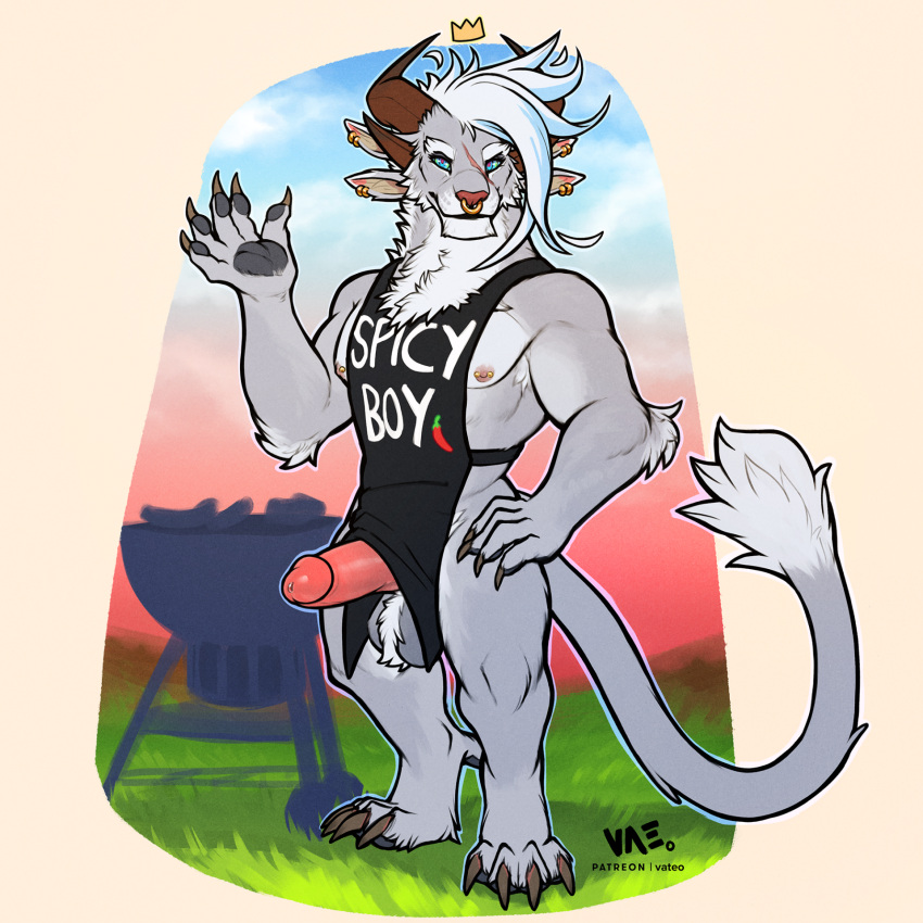 1:1 2023 4_ears 4_horns 4_toes 5_fingers anthro apron apron_only arm_tuft ball_tuft balls biped black_apron black_pawpads blue_eyes brown_horn charr claws clothed clothing countershade_fur countershade_torso countershading dewclaw digital_media_(artwork) digitigrade ear_piercing ear_ring elbow_tuft erection erection_under_apron erection_under_clothing facial_piercing facial_scar feet felid finger_claws fingers full-length_portrait fur genitals glans grey_balls grey_body grey_fur grill guild_wars hair hand_on_hip hand_on_own_hip hi_res horn humanoid_genitalia humanoid_penis looking_at_viewer male mammal multi_ear multi_horn nose_piercing nose_ring outside pawpads paws penis piercing pink_nose portrait ring_piercing scar solo tail tail_tuft toe_claws toes tuft vateo white_body white_fur white_hair