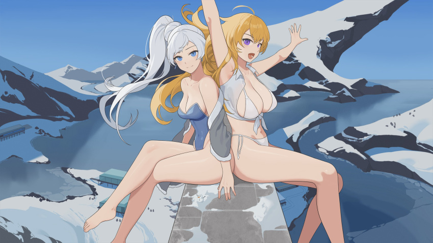 2girls :d arms_up bikini blonde_hair blue_eyes blue_one-piece_swimsuit breasts earrings floating_hair high_side_ponytail highres jewelry large_breasts long_hair medium_breasts multiple_girls one-piece_swimsuit purple_eyes rwby scar scar_across_eye scar_on_face sitting smile snow swimsuit thighs very_long_hair wangxiii weiss_schnee white_bikini white_hair yang_xiao_long