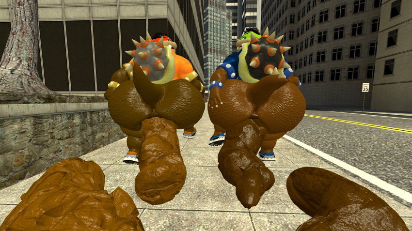 3d_(artwork) anthro big_butt bottomless bottomless_male brother_(lore) brothers_(lore) butt city clothed clothing digital_media_(artwork) dragon duo feces feces_on_ground footwear hi_res huge_butt kane_brent_koopa kaze_brent_koopa koopa male mario_bros metal_bands nintendo overweight overweight_male plant pooping pooping_in_public pooping_on_floor rear_view reptile scalie scat sibling_(lore) sidewalk slightly_chubby source_filmmaker tecbuttlovefa thick_thighs tree twins_(lore)