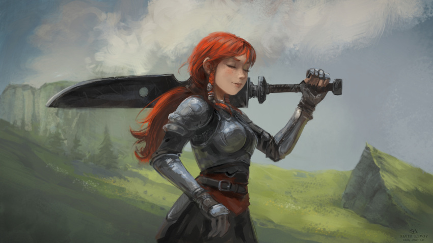 1girl absurdres armor belt black_nails braid breastplate breasts cliff closed_eyes cloud commentary david_revoy english_commentary freckles gauntlets grass highres holding holding_sword holding_weapon krita_(medium) medium_breasts original over_shoulder ponytail red_hair side_braid smile solo sword upper_body weapon weapon_over_shoulder