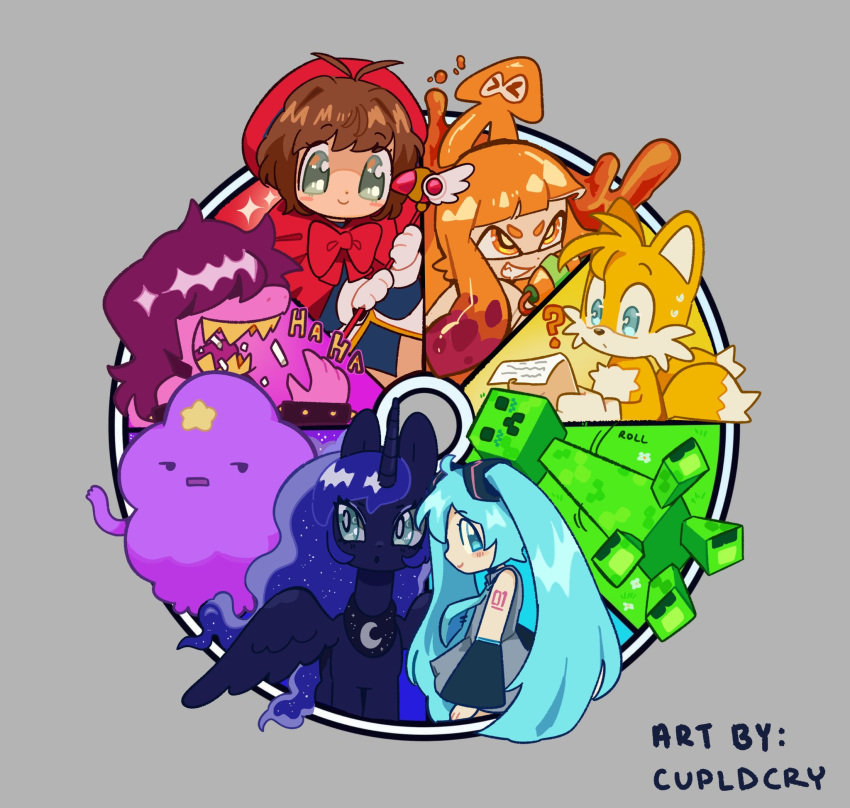 1boy 6+girls ? adventure_time animal_ears animal_nose blue_eyes blue_hair bow cardcaptor_sakura chalk color_wheel color_wheel_challenge colored_skin creeper cupidcry deltarune eating fox_boy fox_ears fox_tail furry furry_male fuuin_no_tsue gloves grey_background grin hair_over_eyes hatsune_miku highres holding holding_paper holding_wand inkling inkling_girl kinomoto_sakura lumpy_space_princess luna_(my_little_pony) minecraft multiple_drawing_challenge multiple_girls multiple_tails my_little_pony my_little_pony:_friendship_is_magic orange_eyes orange_hair paper pony_(animal) purple_hair purple_skin red_bow sharp_teeth simple_background smile sonic_(series) splatoon_(series) susie_(deltarune) sweat tail tails_(sonic) teeth two_tails vocaloid wand white_gloves winged_unicorn wings yellow_teeth