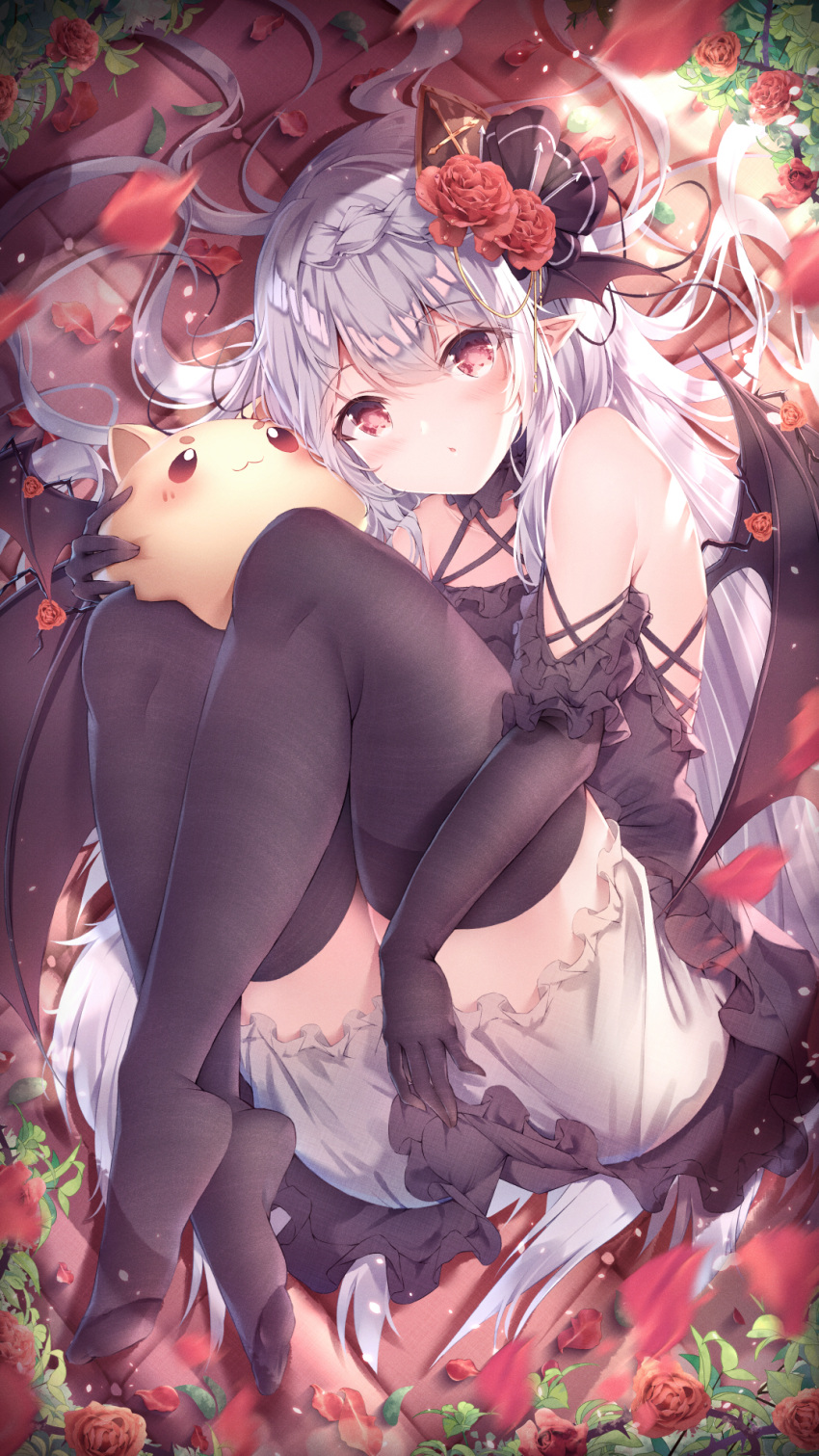 1girl :o ass bare_shoulders black_dress black_thighhighs black_wings commentary_request covering covering_ass demon_girl dress elbow_gloves flower gloves hair_flower hair_ornament highres hugging_own_legs looking_at_viewer lying manman_manyou_haiyang_de_paomo no_shoes on_ground original pants partial_commentary red_eyes red_flower shorts soles solo thighhighs thighs variant_set white_hair white_shorts wings