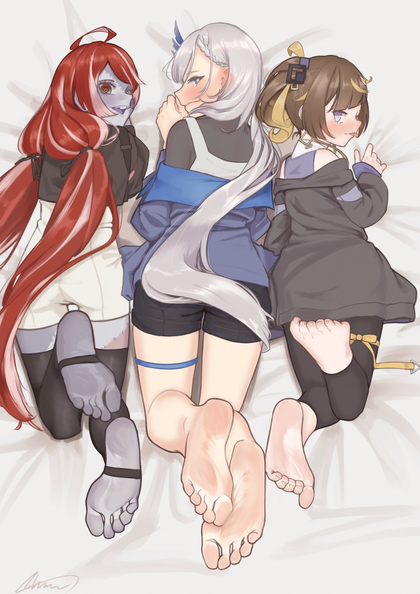3girls absurdres ahoge aiharararara anya_melfissa barefoot blush brown_hair feet from_above highres hololive hololive_indonesia holoro kureiji_ollie long_hair lying multiple_girls on_stomach open_mouth pavolia_reine red_hair soles stirrup_legwear toeless_legwear toes tongue tongue_out virtual_youtuber zombie
