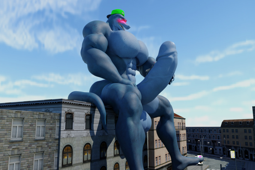 2023 3d_(artwork) albalbalb anthro big_muscles big_pecs big_penis black_body black_fur blue_body blue_eyes blue_scales blue_skin blue_sky blush building canid canine canis cobalt_(rtzero) digital_media_(artwork) duo fur genitals green_cap hand_on_leg hand_on_penis hi_res huge_muscles huge_pecs huge_penis hyper hyper_genitalia hyper_penis lizard lizard_(petruz) looking_at_another looking_at_genitalia looking_at_partner looking_at_penis macro male male/male mammal micro micro_on_macro micro_on_penis muscular muscular_anthro muscular_male nude pecs penis petruz_(copyright) reptile scales scalie sitting_on_building size_difference sky street_lamp tail white_body white_fur wolf