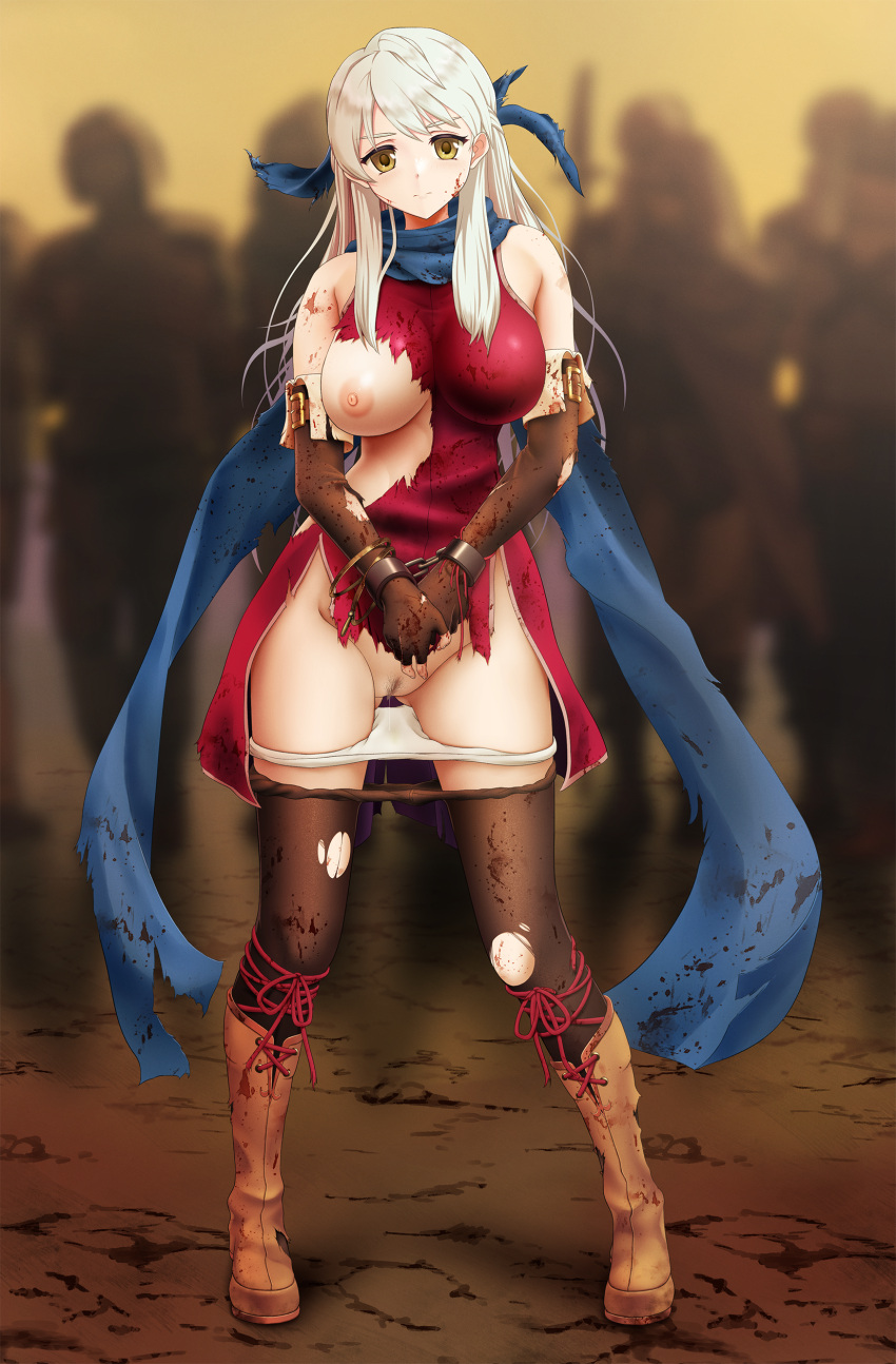 1girl absurdres bare_shoulders belt black_gloves black_leggings black_pantyhose blood blood_on_clothes blood_on_face blue_scarf boots bracelet breasts chain chained clothes_pull commission defeat dress elbow_gloves fingerless_gloves fire_emblem fire_emblem:_radiant_dawn gloves grey_hair hair_ribbon half_updo highres jewelry ku_koro large_breasts leggings leggings_pull long_hair micaiah_(fire_emblem) one_breast_out panties panty_pull pantyhose pantyhose_pull pubic_hair restrained ribbon sakurein scarf serious side_slit skeb_commission sleeveless sleeveless_dress solo_focus stained_panties torn_clothes torn_leggings torn_pantyhose underwear white_panties yellow_eyes