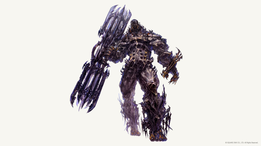 1boy absurdres claws final_fantasy final_fantasy_xvi full_body giant highres holding holding_weapon looking_at_viewer monster muscular muscular_male simple_background solo titan_(final_fantasy) weapon