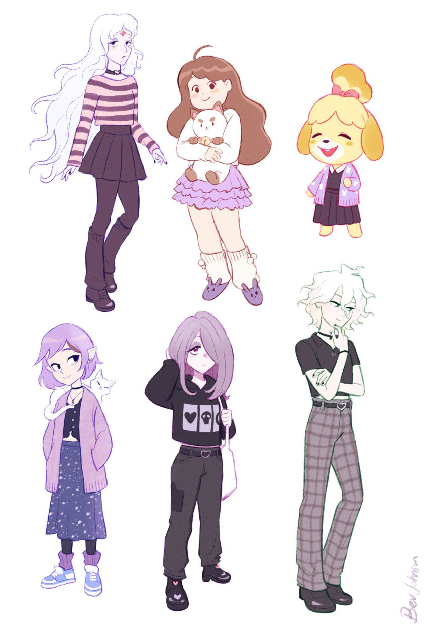 1boy 5girls ahoge alternate_costume amity_blight animal animal_crossing bee_(bee_and_puppycat) bee_and_puppycat bell bev_johnson black_dress black_hoodie black_pants black_pantyhose black_shirt black_skirt blue_skirt brown_hair cardigan cat danganronpa_(series) danganronpa_2:_goodbye_despair dress full_body ghost_(the_owl_house) hair_over_one_eye highres hood hoodie isabelle_(animal_crossing) jingle_bell komaeda_nagito lady_amalthea little_witch_academia long_hair looking_at_viewer medium_hair messy_hair multicolored_hair multiple_girls pale_skin pants pantyhose pink_hair plaid plaid_pants puppycat purple_cardigan purple_hair purple_skirt red_eyes shirt shoes short_hair skirt sneakers standing striped striped_sweater sucy_manbavaran sweater the_last_unicorn the_owl_house very_long_hair white_background white_cat white_hair