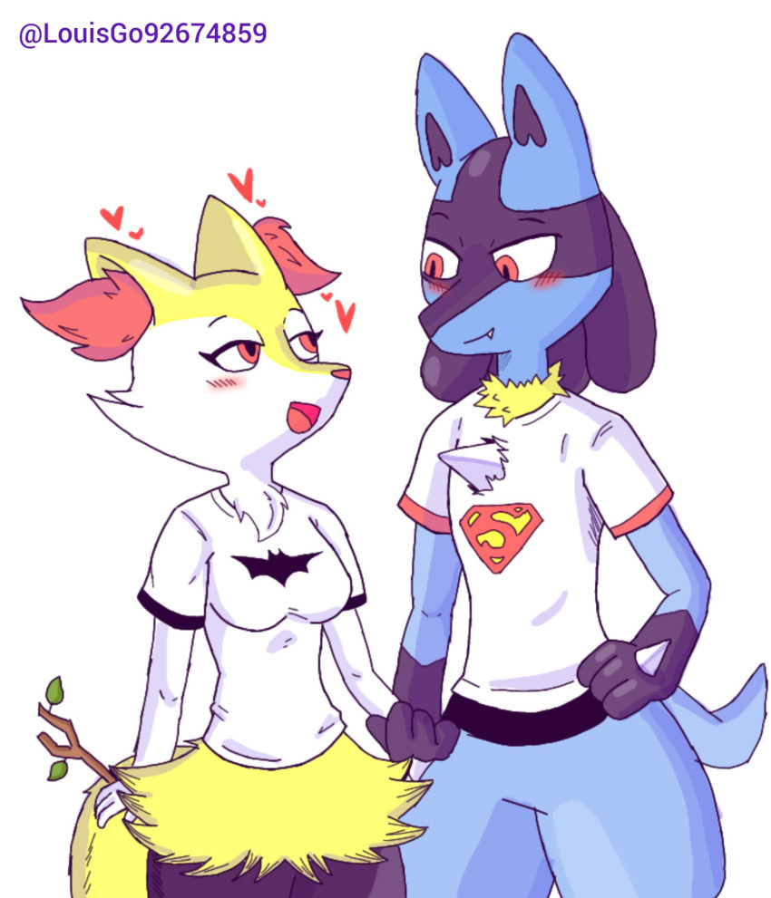 &lt;3 anthro batman_(series) blush braixen cinderace clothing dc_comics duo female generation_6_pokemon generation_8_pokemon hi_res littlefox_24-7 male male/female nintendo pokemon pokemon_(species) shirt superman_(series) t-shirt topwear