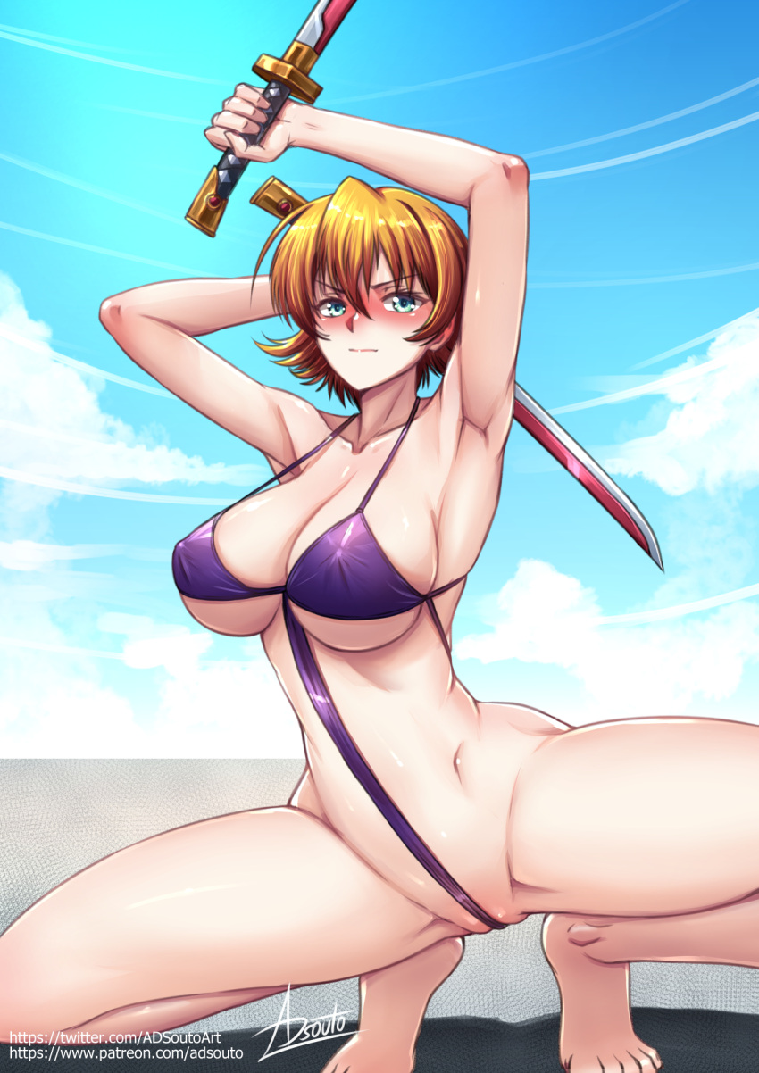 1girl action_taimanin adsouto armpits arms_up artist_name barefoot beach blonde_hair blue_eyes blue_sky blush breasts cleavage cloud cloudy_sky dual_wielding full_body highres holding holding_sword holding_weapon igawa_sakura large_breasts looking_at_viewer one-piece_swimsuit outdoors purple_one-piece_swimsuit short_hair short_sword signature sky solo squatting swimsuit sword taimanin_(series) taimanin_asagi tantou weapon web_address