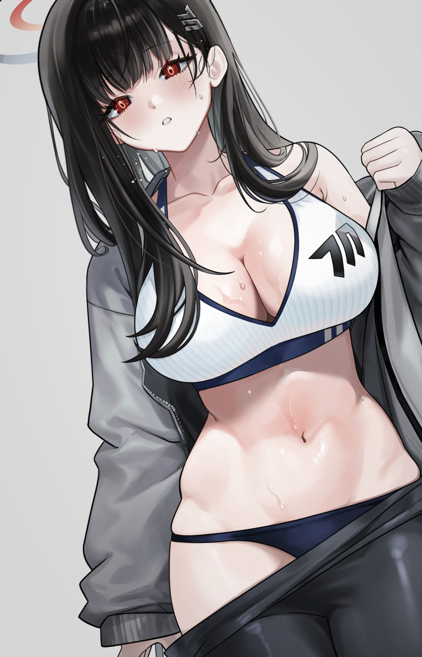 1girl absurdres black_hair blue_archive blush breasts cleavage collarbone cowboy_shot daehoak grey_jacket hair_ornament hairclip halo highres jacket large_breasts long_hair long_sleeves navel open_clothes open_jacket open_mouth red_eyes rio_(blue_archive) solo