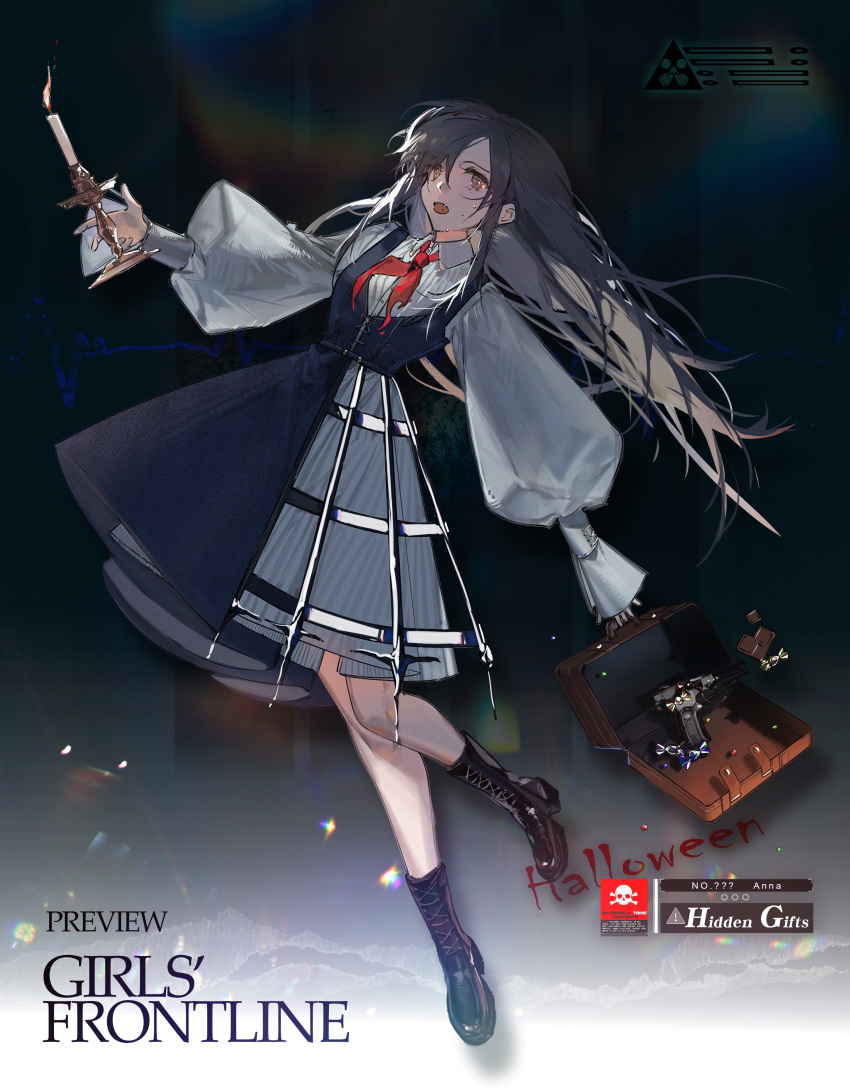 1girl absurdres aged_down angelia_(girls'_frontline) black_hair blueblossom boots candle candlestand candy chocolate chocolate_bar english_text food gift_wrapping girls'_frontline gun halloween handgun highres holding holding_candle long_hair neckerchief original school_uniform solo weapon yellow_eyes