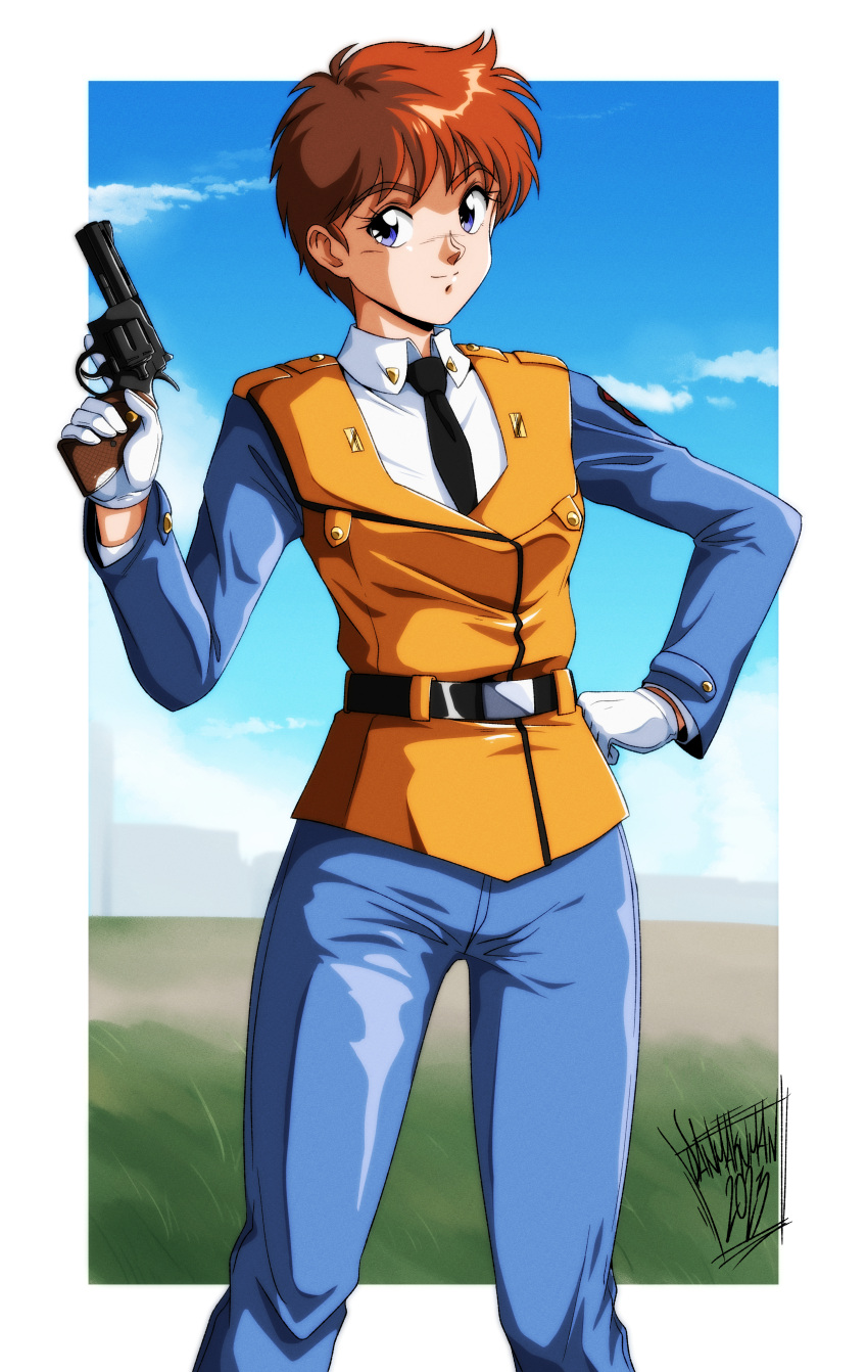 1girl absurdres belt black_belt black_necktie blue_eyes blue_pants breasts brown_hair collared_shirt danmakuman feet_out_of_frame gloves gun high-visibility_vest highres holding holding_gun holding_weapon izumi_noa kidou_keisatsu_patlabor long_sleeves looking_at_viewer necktie orange_vest pants police police_uniform policewoman revolver shirt short_hair small_breasts solo standing uniform uniform_vest vest weapon white_gloves white_shirt