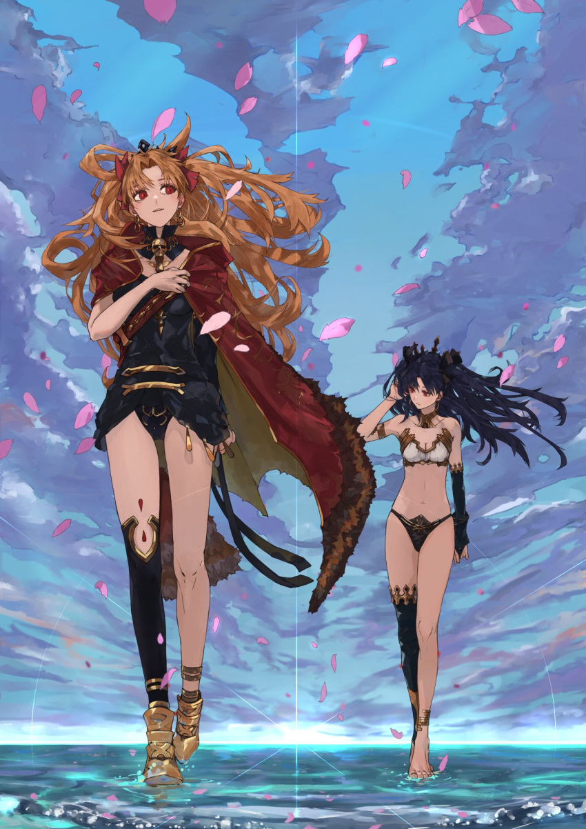 2girls armlet bikini black_dress black_hair black_thighhighs blonde_hair blue_sky bow bracelet breasts cape detached_collar detached_sleeves dress earrings ereshkigal_(fate) fate/grand_order fate_(series) full_body gold_trim hair_bow hair_ribbon highres hood hooded_cape hoop_earrings ishtar_(fate) jewelry kdm_(ke_dama) long_hair looking_to_the_side medium_breasts mismatched_bikini multiple_girls neck_ring parted_bangs red_eyes ribbon short_dress single_detached_sleeve single_sleeve single_thighhigh skull sky spine swimsuit thighhighs thighlet tiara two_side_up