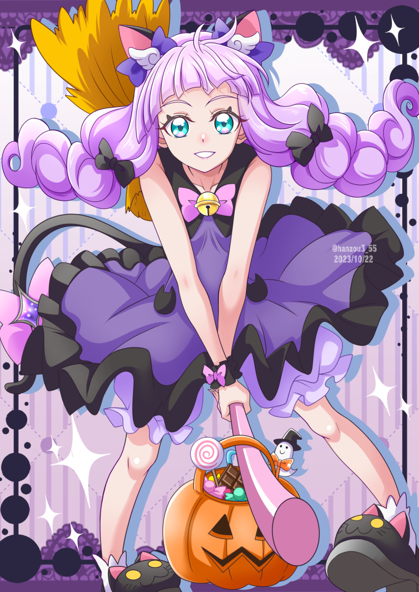 1girl ahoge alternate_costume animal_ears bell black_bow blue_eyes bow broom broom_riding cat_ears cure_majesty dress fake_animal_ears grin hair_bow halloween halloween_bucket halloween_costume hanzou highres hirogaru_sky!_precure long_hair looking_at_viewer pink_bow pink_hair precure purple_dress shorts shorts_under_dress smile solo twintails very_long_hair white_shorts wrist_cuffs
