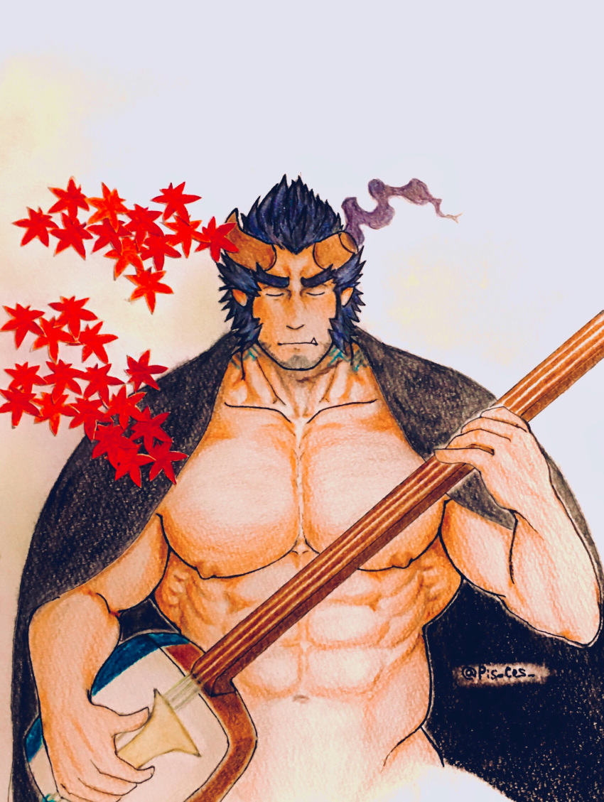 1boy abs absurdres autumn_leaves bara bare_pectorals blue_hair broken_horn closed_eyes clothes_on_shoulders colored_pencil_(medium) concentrating cowboy_shot dark_blue_hair demon_boy demon_horns facial_hair fiery_horns haori highres horns instrument instrument_request japanese_clothes large_pectorals long_sideburns male_focus mature_male muscular muscular_male music navel nipples pectorals pisukesu_(pis_ces) playing_instrument scar scar_on_neck short_hair sideburns solo stomach strongman_waist stubble takemaru_(housamo) thick_eyebrows tokyo_afterschool_summoners traditional_media tusks v-shaped_eyebrows