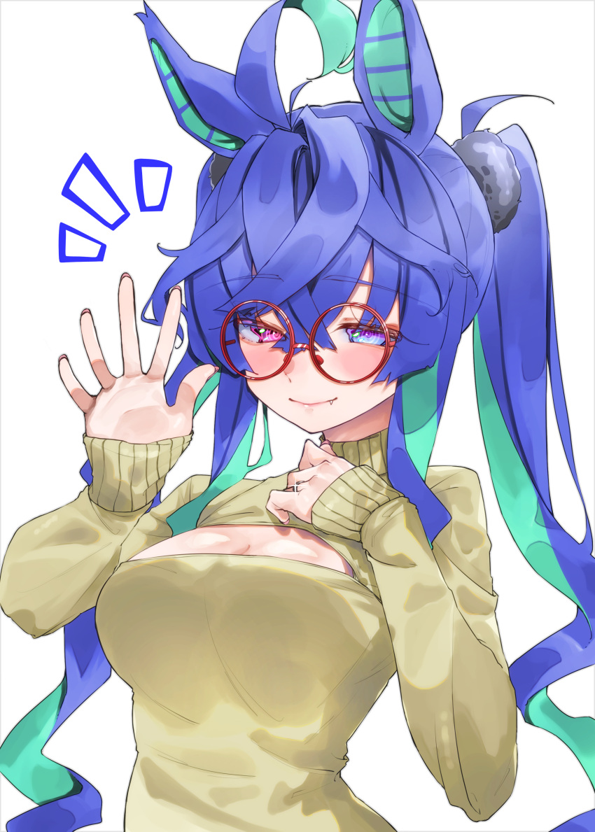 1girl @_@ absurdres aged_up ahoge alternate_breast_size alternate_costume animal_ears aqua_hair bespectacled blue_eyes blue_hair blush breasts casual cleavage cleavage_cutout closed_mouth clothing_cutout crossed_bangs fang fang_out glasses hair_between_eyes hair_tie half-closed_eyes heterochromia highres homozerion horse_ears horse_girl jewelry large_breasts long_hair long_sleeves looking_at_viewer multicolored_hair red-framed_eyewear red_eyes ring round_eyewear sidelocks sleeves_past_wrists smile solo sweater turtleneck turtleneck_sweater twin_turbo_(umamusume) twintails two-tone_hair umamusume upper_body waving wedding_ring white_sweater