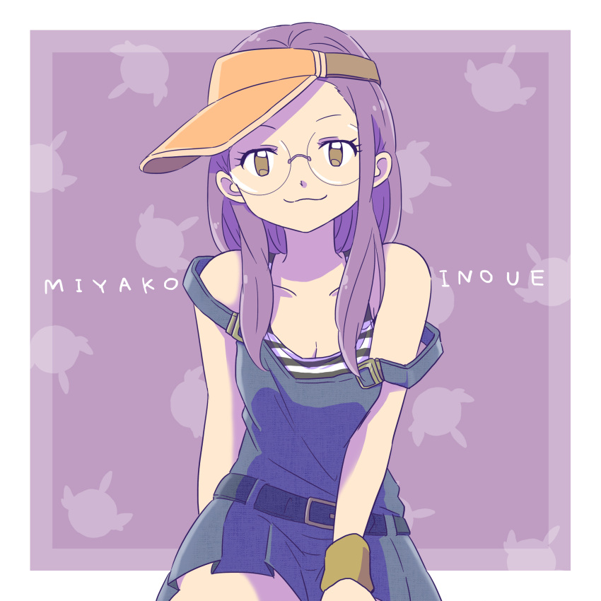 1girl :3 belt border breasts brown_eyes character_name cleavage closed_mouth digimon digimon_adventure_02 double_strap_slip gdn0522 glasses hair_behind_ear highres inoue_miyako long_hair looking_at_viewer outside_border purple_background purple_hair rimless_eyewear round_eyewear sidelocks solo visor_cap white_border wristband