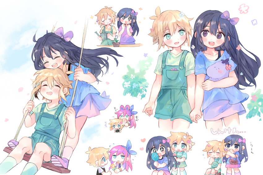 +_+ 1boy 1girl animal_ears aubrey_(faraway)_(omori) aubrey_(omori) basil_(faraway)_(omori) basil_(omori) black_eyes black_hair blonde_hair blue_eyes blue_shirt blush bow closed_eyes closed_mouth green_eyes green_overalls hair_bow highres holding holding_mirror holding_stuffed_toy holding_watering_can kemonomimi_mode long_hair mirror ocometogohan omori open_mouth overall_shorts overalls pink_bow pink_footwear pink_hair rabbit_ears shirt short_hair smile socks stuffed_eggplant stuffed_toy translation_request watering_can white_socks