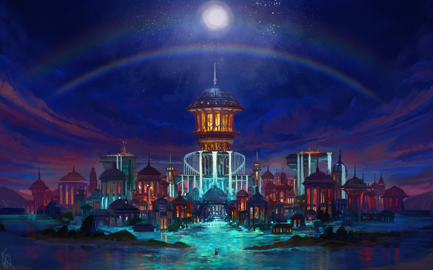 1other absurdres building city city_lights cityscape cloud colorful commentary dome double_rainbow dusk english_commentary fantasy full_moon highres holding holding_staff idrawbagman lake moon moonbeam moonlight mountain nature night night_sky original outdoors partially_immersed rainbow reflection reflective_water scenery shore signature sky spire staff very_wide_shot water