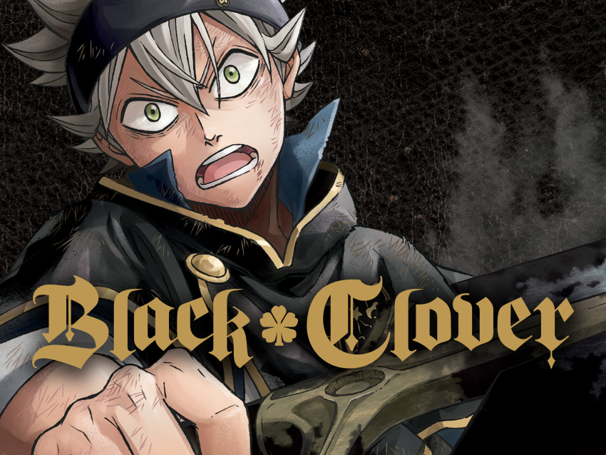 1boy asta_(black_clover) black_bulls_(emblem) black_capelet black_clover black_headband bruise capelet cover dvd_cover green_eyes headband highres holding holding_sword holding_weapon injury long_bangs looking_at_viewer male_focus official_art serious short_hair solo spiked_hair sword tabata_yuuki upper_body weapon